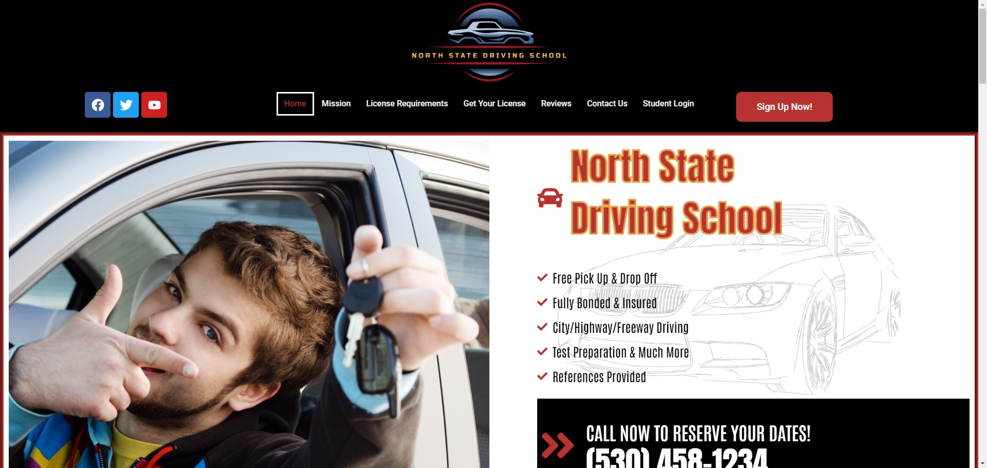 Young man in car window holding keys, promoting North State Driving School services like free pick-up, driving lessons, and test preparation.