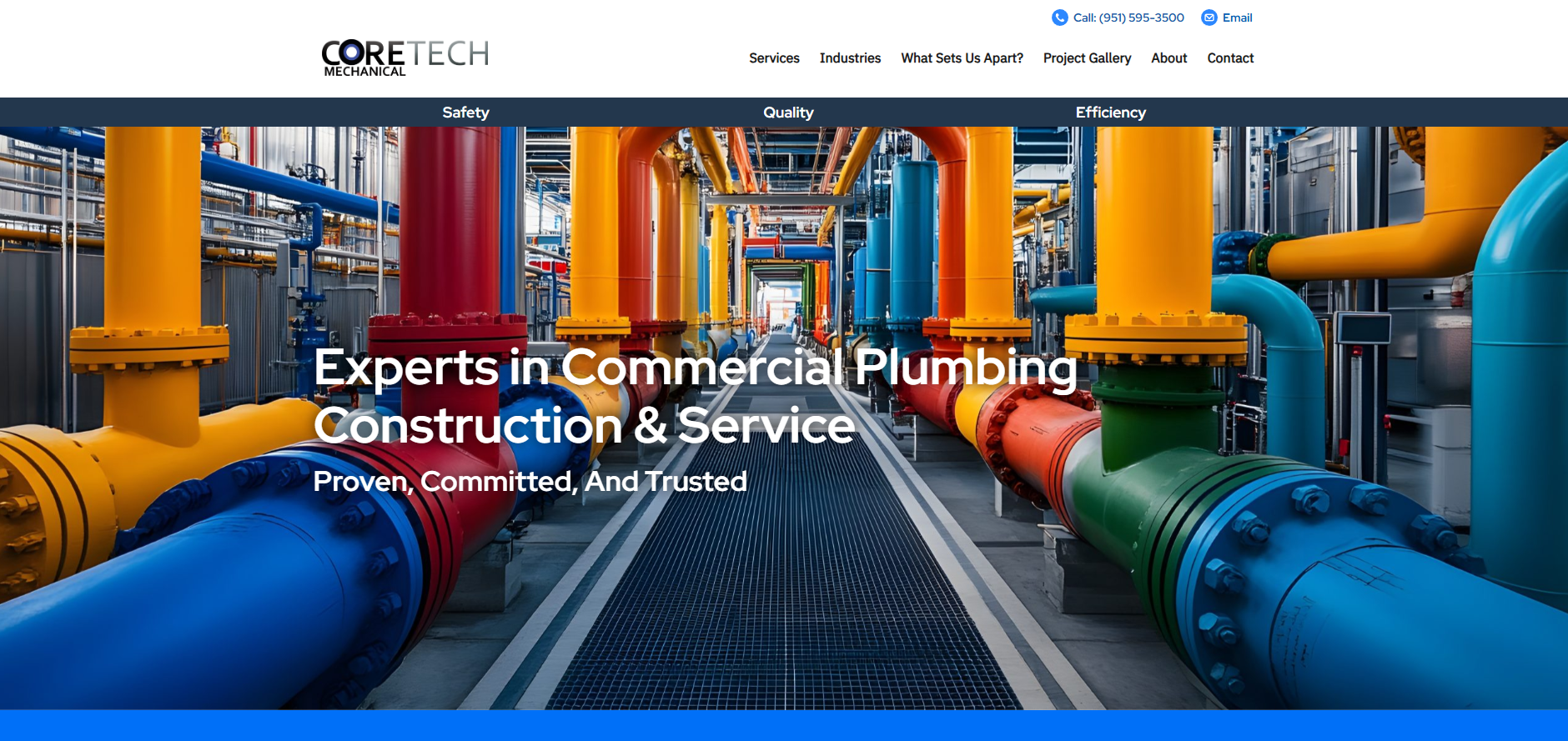 Colorful industrial pipes in a commercial plumbing facility, showcasing CoreTech Mechanical's expertise in construction and service.