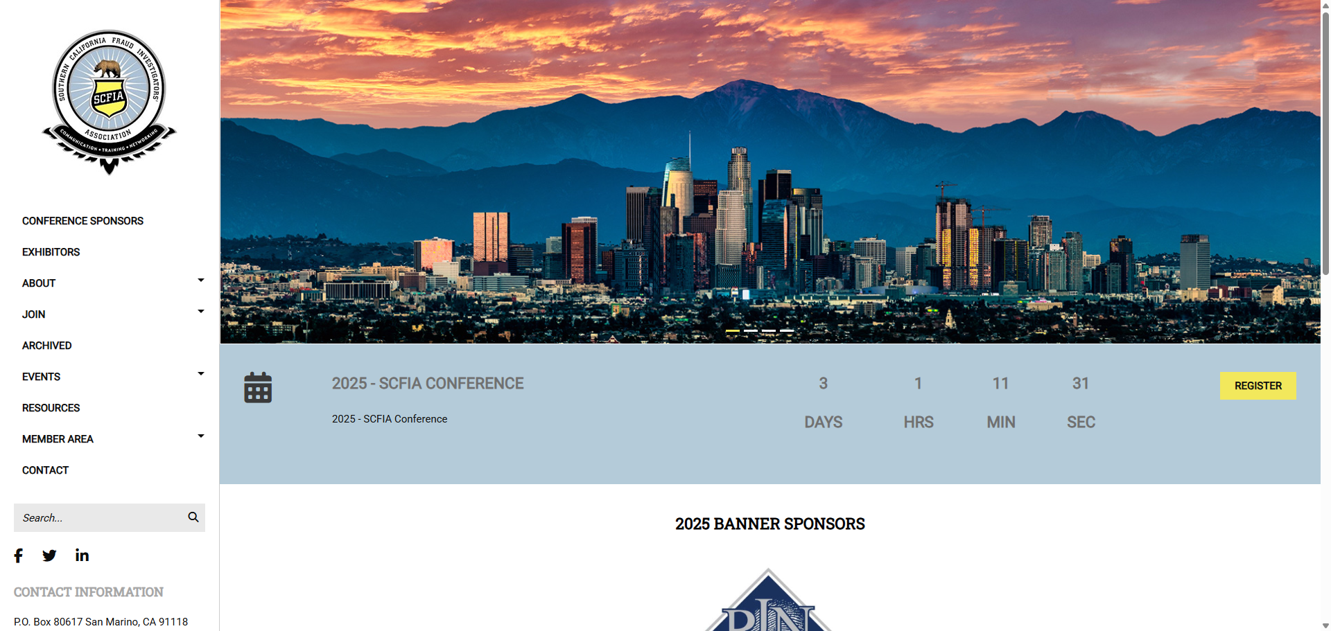 Los Angeles skyline at sunset, featuring the SCFIA logo, highlighting the 2025 SCFIA Conference with a countdown timer for registration.