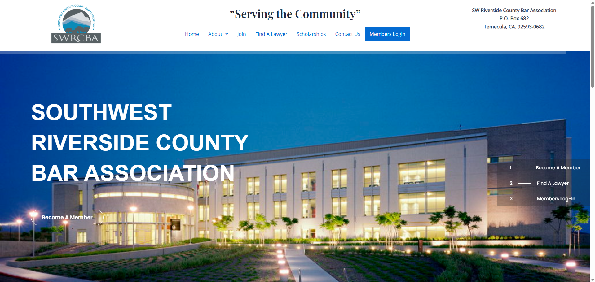 Southwest Riverside County Bar Association building at dusk, featuring modern architecture, illuminated windows, and landscaping, promoting legal services and community involvement.